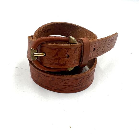 Tooled Leather Belt The Ritz Accessories Floral Motif Tan - Picture 1 of 9